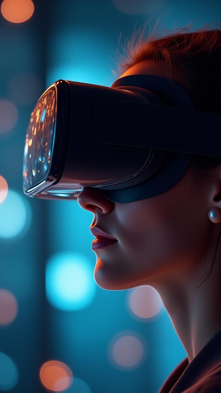 Person mit VR-Brille und virtuellen Elementen oder Tablet mit AR-Projektion