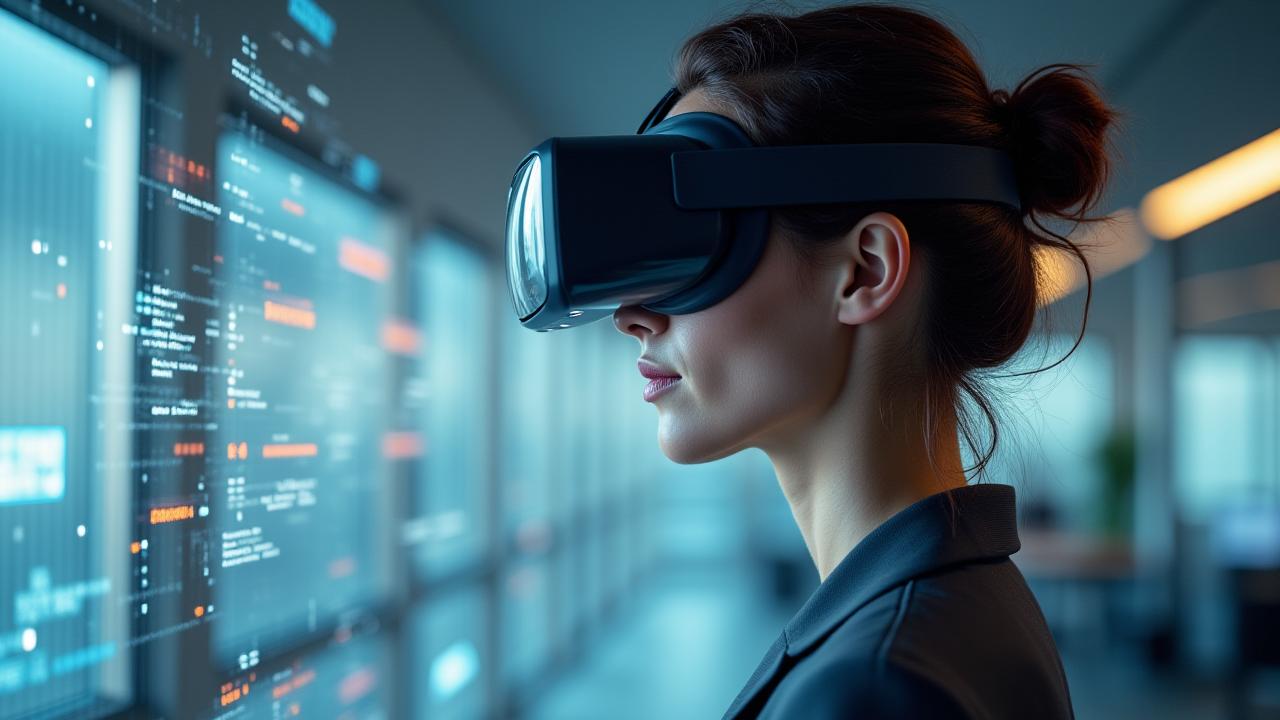 Person mit VR-Brille und virtuellen Elementen oder Tablet mit AR-Projektion