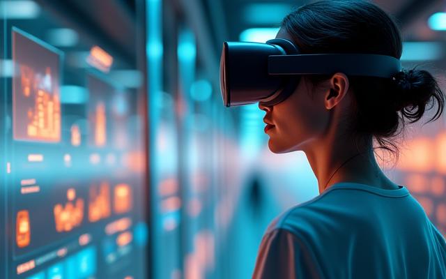 Person in VR-Headset interagiert mit Hologrammen