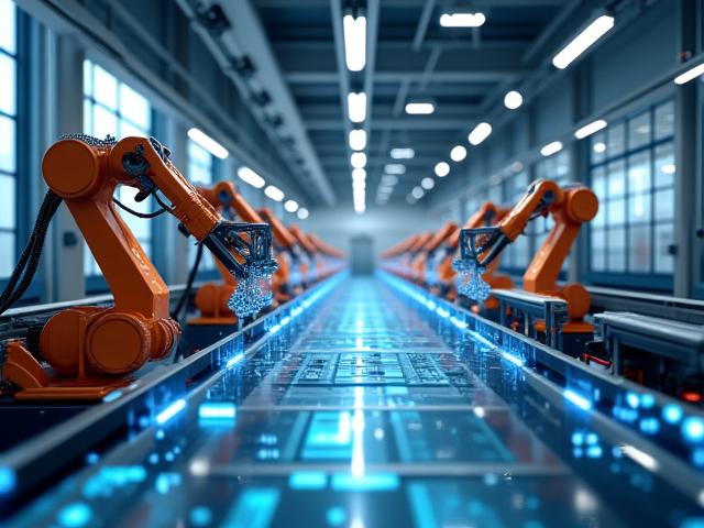 Moderne Produktionsanlage einer Industrie 4.0 Fabrik mit automatisierten Robotern und intelligenten Sensoren, die Daten in Echtzeit sammeln und verarbeiten.
