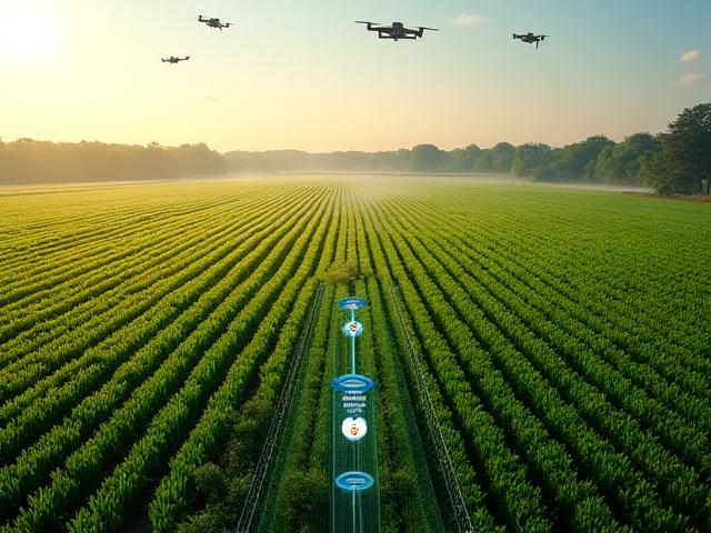 Modernes Feld, überwacht von Sensoren, Drohnen und intelligenten Bewässerungssystemen, die Daten über Bodenfeuchtigkeit und Pflanzenwachstum sammeln.