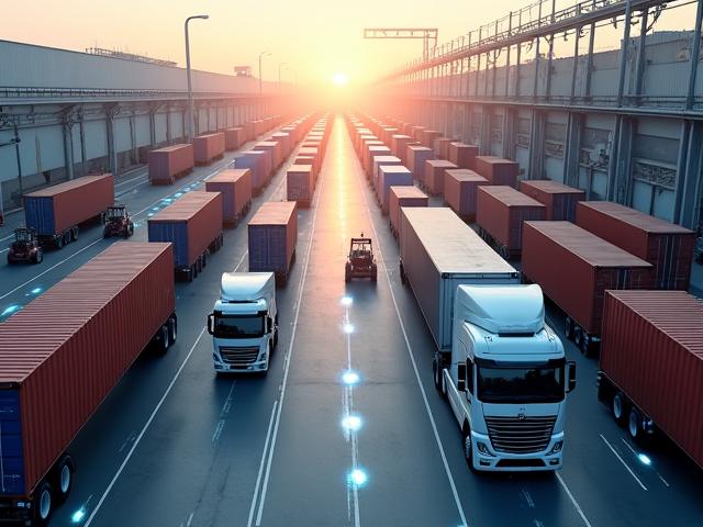 Flotte von Lastwagen und Transportern, die Waren mit integrierten IoT-Trackern und Sensoren transportieren, um ihre Bewegung und den Zustand der Ladung zu überwachen.