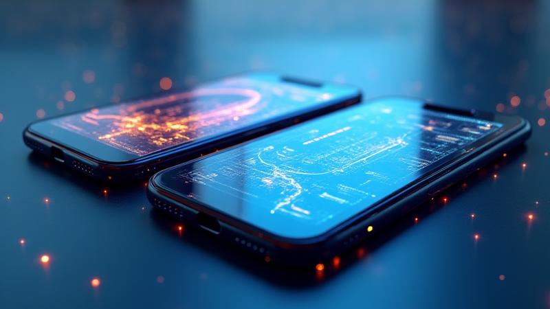 Mockups von elegant designten Apps auf modernen Smartphones – ein iPhone und ein Android-Gerät überlappen sich leicht und zeigen innovative Benutzeroberflächen. Farben: #003366, #0099CC, #FF6600